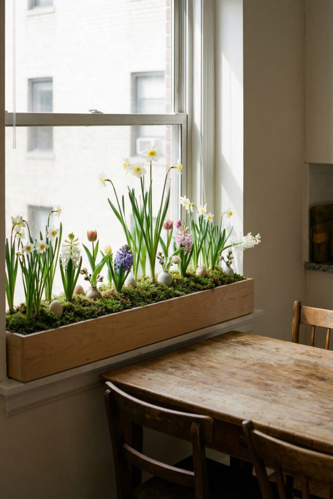Spring Window Display Ideas For A Light-Filled Season 2 Long wooden trough on a dining room windowsill with moss, narcissus, tulips, hyacinths, tiny vases, and eggs creating an elegant spring window display.