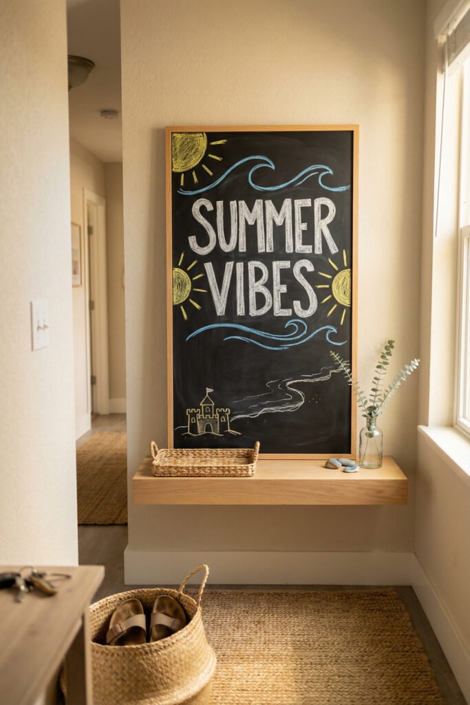 Summer Chalkboard Ideas That Brighten Every Corner 2 Tall chalkboard sign reading Summer Vibes with sun and wave drawings on a floating shelf in a bright entry nook with basket and vase.