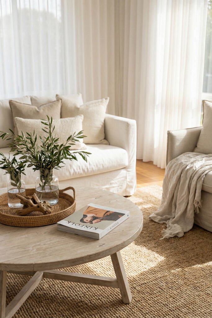 Summer Décor Ideas for an Airy, Collected Home 2 Neutral living room with round wood coffee table, wicker tray, olive branches in glass vases, white sofa, and woven rug for understated summer decor.