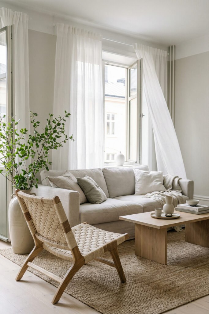 Light-filled living room with open windows, white sofa, woven chair, pale rug, and leafy vase creating a breezy Summer Living Room Decor look.
