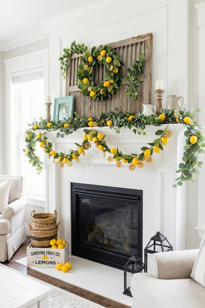 Elegant white mantel with layered lemon garlands, citrus wreath, greenery, lanterns, and rustic wall art creating fresh summer mantle décor with a farmhouse feel.
