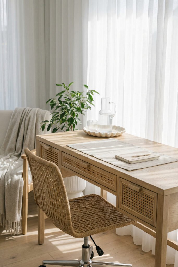 Cane-front desk with woven chair, tray, glass pitcher, and plant by sheer curtains in a calm neutral room styled for Summer Office Decor.
