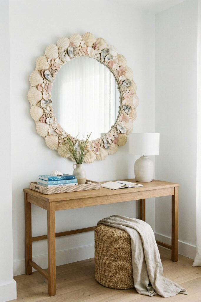 Diy Beach Decor That Feels Fresh for Summer 3 Large shell mirror over a slim console with lamp, stool, and books in a bright corner, airy DIY beach decor for summer.