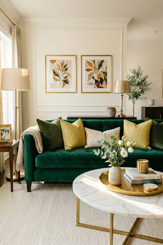 Green And Gold Room Ideas For A Stylish Living Room 3 Jewel-toned green sofa with gold pillows, marble coffee table, floral art, and warm brass accents in a polished living room.