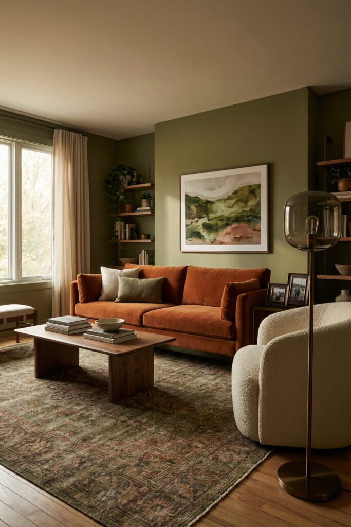 Olive green and rust living room with a rust velvet sofa, cream boucle chair, wood coffee table, shelving, framed art, and a muted vintage rug.
