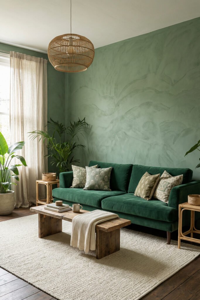 Green Boho Living Room Ideas With Relaxed Style 3 Green boho living room with textured sage wall, velvet sofa, woven pendant, wood bench coffee table, layered pillows, and tropical plants.