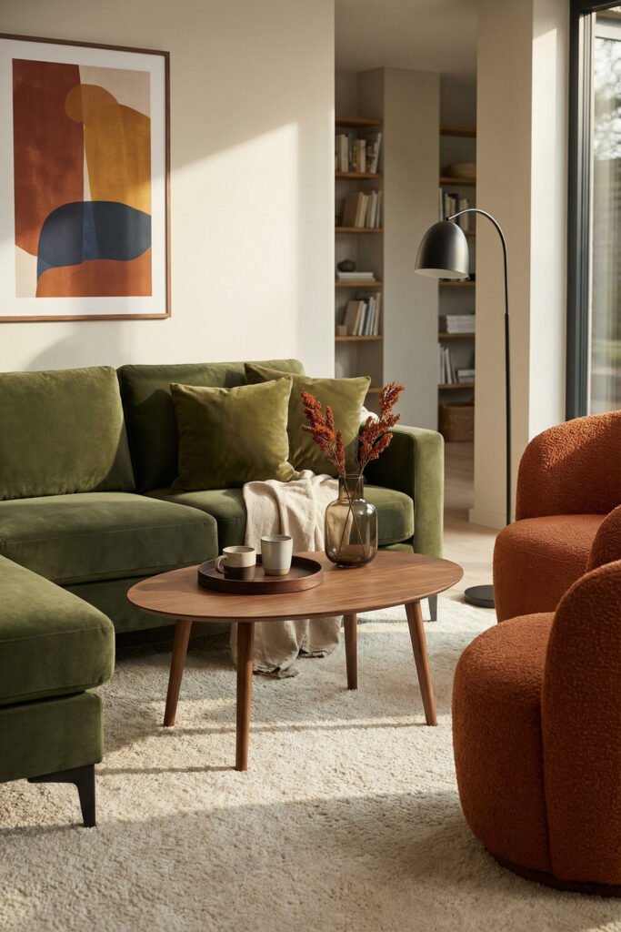 Green Burnt Orange Living Room Ideas With Rich, Easy Style 2 Olive sectional with burnt orange chairs, round wood coffee table, black arc lamp and abstract art in a sunlit Green Burnt Orange Living Room