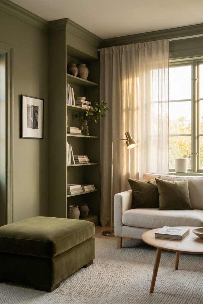 Olive Green Decor Ideas For A Layered Living Room 3 Sunlit living room corner with olive built-in shelves, creamy sofa, brass floor lamp, ottoman, and sheer curtains for refined olive green decor.
