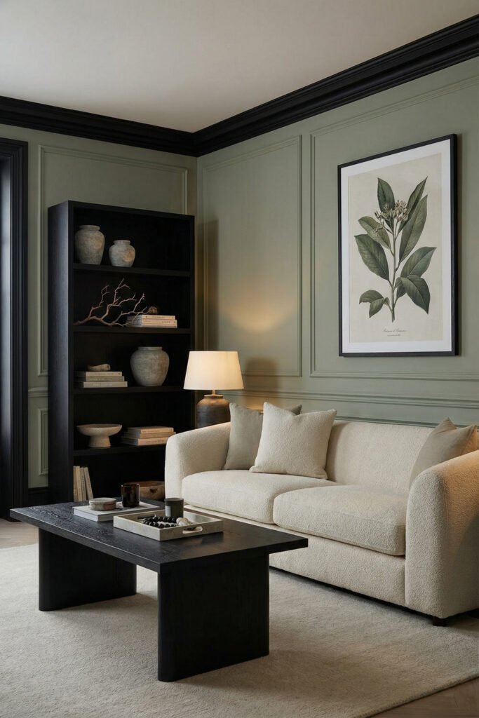 Sage Green And Black Living Room Ideas for a Layered Look 2 Classic living room with sage green paneled walls, black trim, cream sofa, black coffee table, dark bookcase, and framed botanical print for a layered look.
