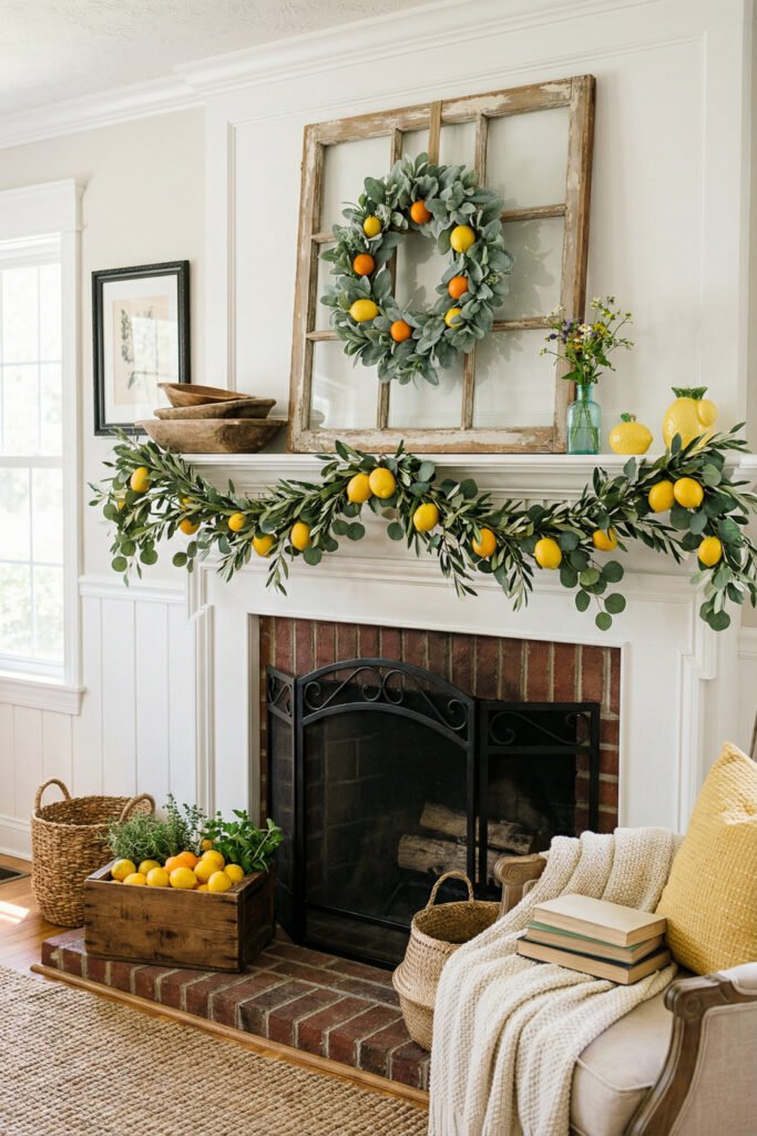 Brick fireplace mantel with lush lemon garland, citrus wreath, rustic window frame, and cozy woven textures for warm farmhouse summer mantle décor.

