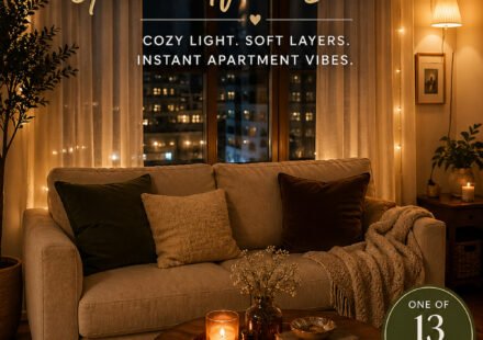Cozy apartment living room with sheer curtains, string lights, sofa, candles, and overlay text: See All 13 Apartment Vibes Decor Ideas.