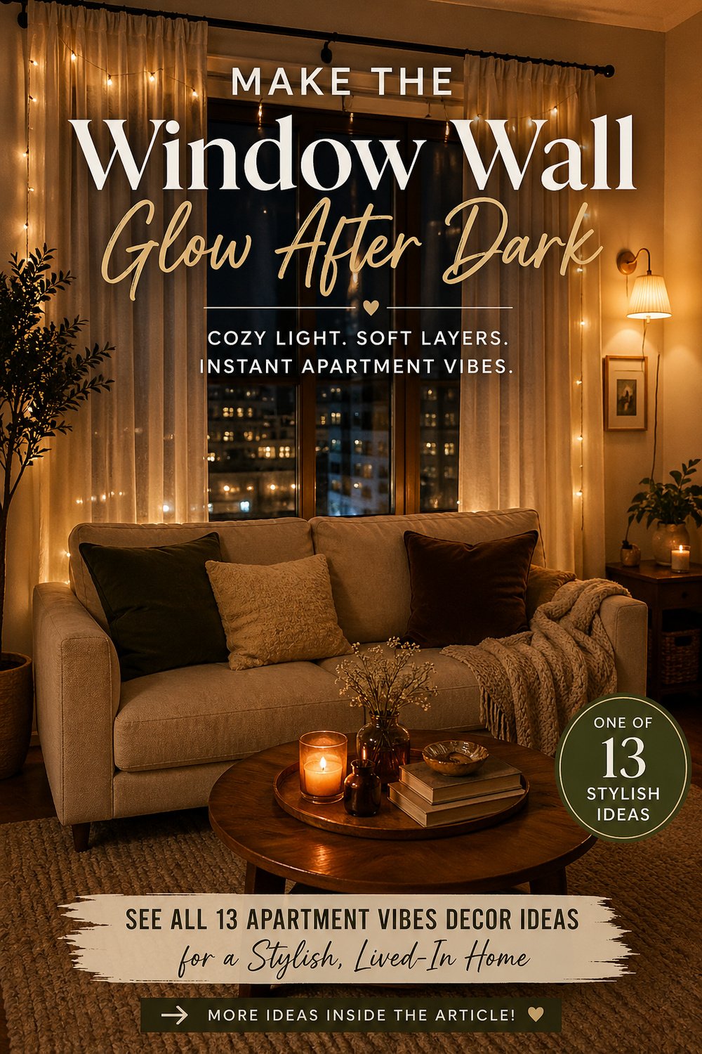 Cozy apartment living room with sheer curtains, string lights, sofa, candles, and overlay text: See All 13 Apartment Vibes Decor Ideas.
