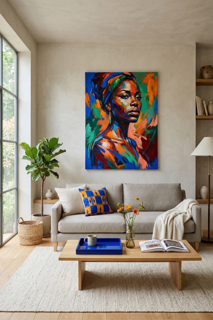 Bright living room with colorful Afro Art portrait above a beige sofa, blue accent pillow, light wood coffee table, plants, and airy neutral styling
