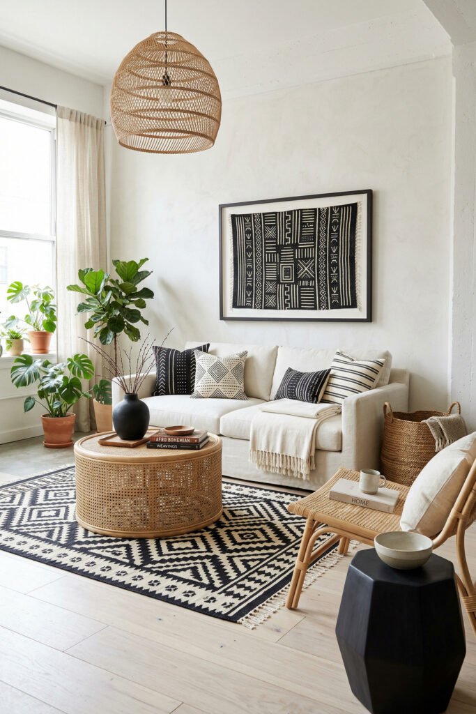 Bright cream living room with black and white textile art, rattan coffee table, cane chair, geometric rug, and plants in a light Afro Boho Decor setting.
