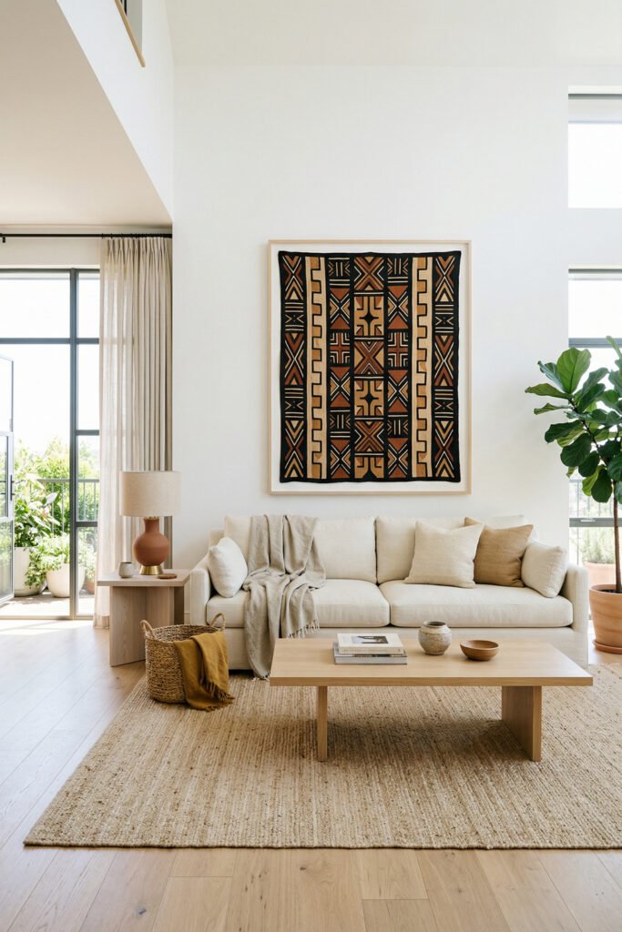 Airy living room with large framed Afro Cultural Patterns textile above a white sofa, light wood coffee table, jute rug, and tall plant.
