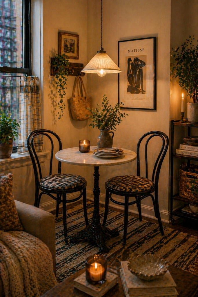 Small bistro dining nook with round table, black chairs, pendant light, plants, art, and apartment vibes decor ideas
