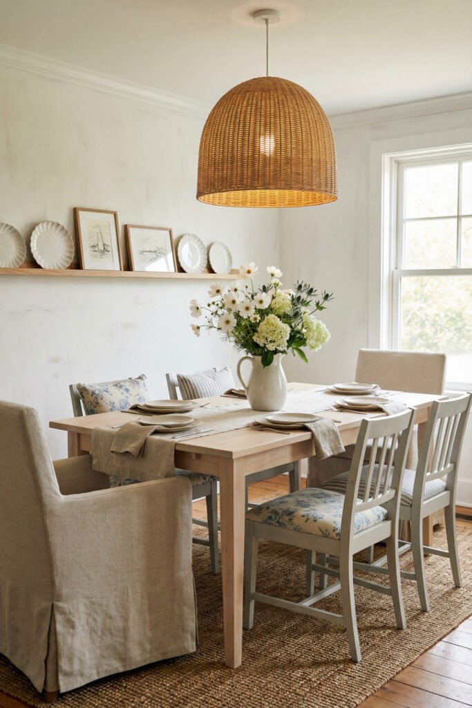 Beach Cottage Decor That Feels Fresh for Summer 18 Light dining room with woven pendant, floral seat cushions, pale wood table, white plates, and simple summer beach cottage decor styling.