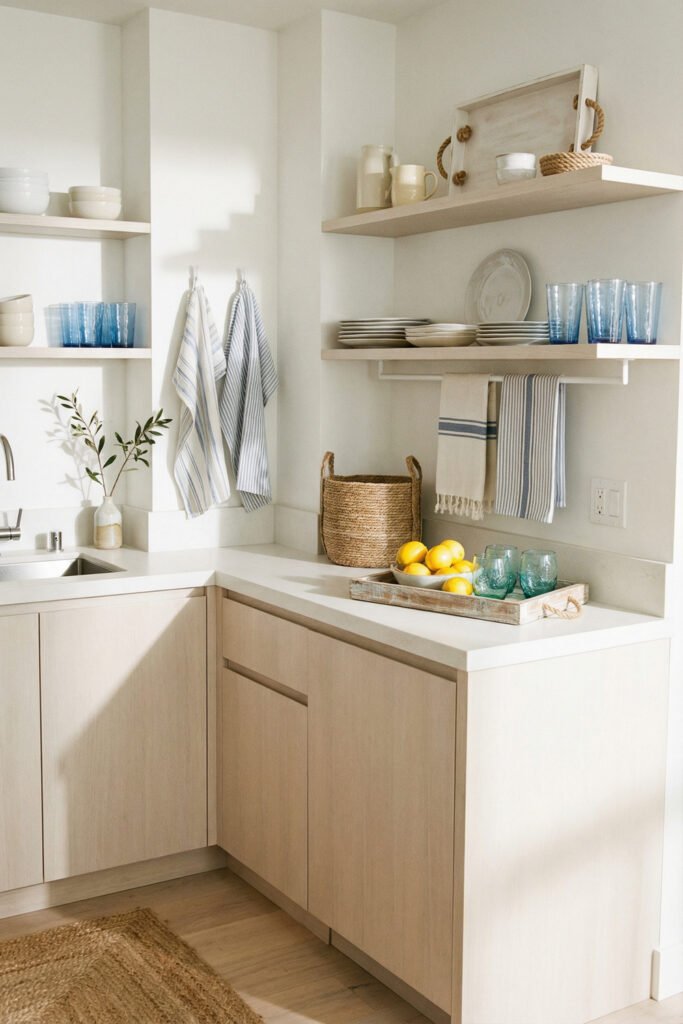 Coastal Summer Aesthetic Ideas for a Breezy Apartment 20 Minimal kitchen with pale wood cabinets, open shelves, striped towels, blue glasses, and lemons in a sunny coastal summer aesthetic.