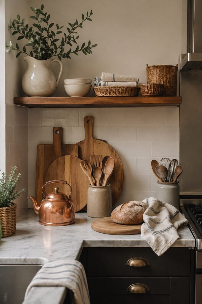 Cozy kitchen counter with copper kettle, wood cutting boards, open shelf, woven baskets, ceramics, bread, and decor ideas with personality
