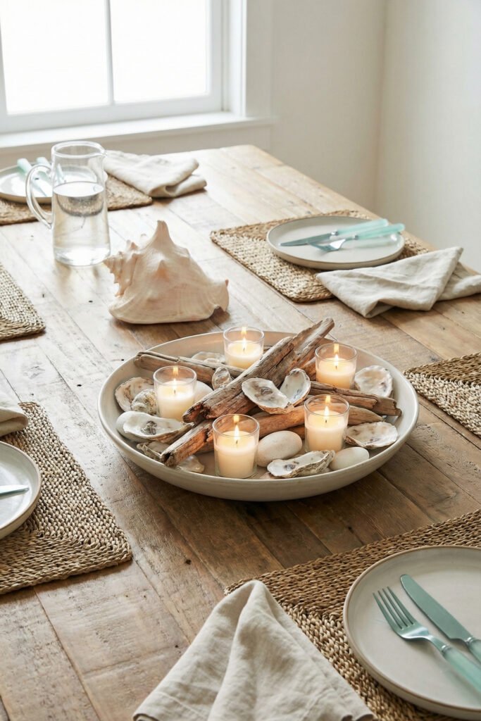 Diy Beach Decor That Feels Fresh for Summer 26 Large bowl centerpiece with driftwood, oyster shells, smooth stones, and votive candles on a rustic dining table, elegant DIY beach decor.