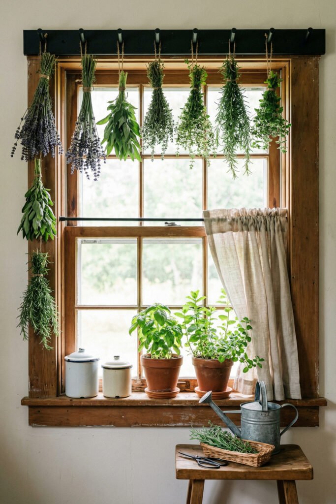 Wood-trimmed window with hanging herb bundles, potted basil and mint, linen curtain, watering can, and stool for natural farmhouse summer decor.
