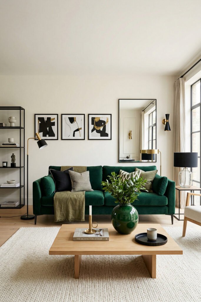 Green And Gold Room Ideas For A Stylish Living Room 27 Emerald sofa with black and gold decor, abstract art, light wood coffee table, and cream rug in a modern Green And Gold Room Ideas space.