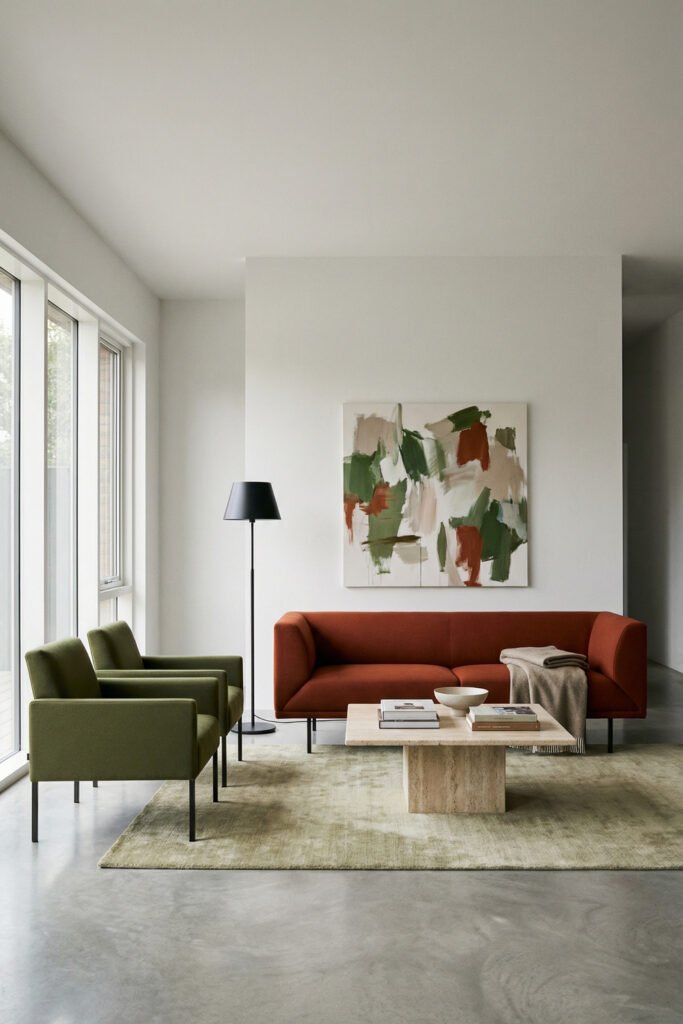 Modern Green And Rust Living Room with a rust sofa, olive chairs, abstract art, black floor lamp, stone coffee table, and pale green rug.
