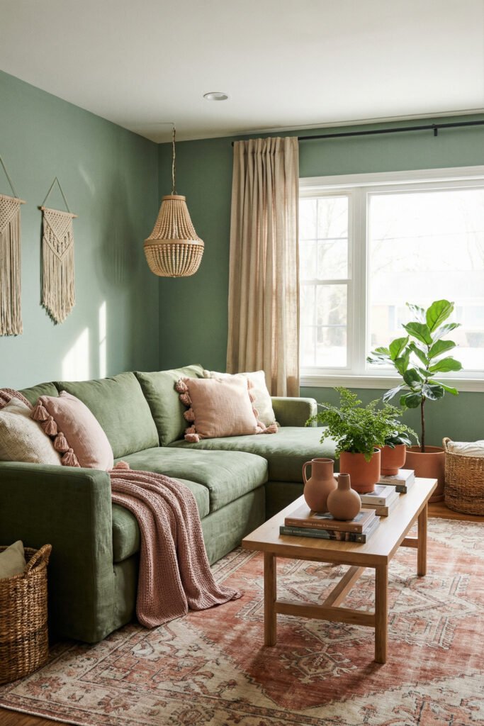 Green Boho Living Room Ideas With Relaxed Style 26 Soft sage Green Boho Living Room with sectional sofa, blush tassel pillows, beaded pendant, cream curtains, plants, and a faded vintage rug.
