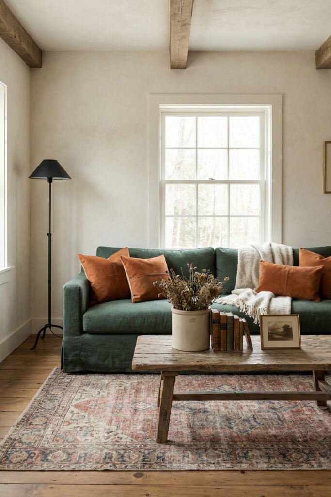Green Burnt Orange Living Room Ideas With Rich, Easy Style 25 Deep green sofa with burnt orange pillows, rustic wood coffee table, beams and vintage rug in a farmhouse Green Burnt Orange Living Room