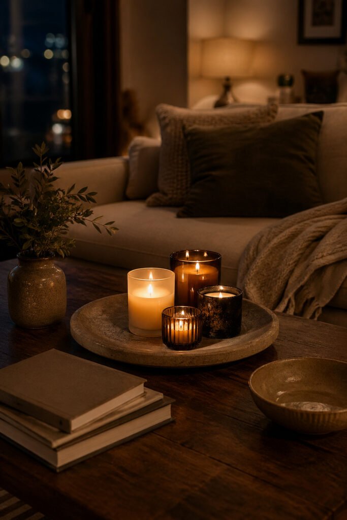 Coffee table candles on a stone tray with books, ceramic bowl, greenery, and a softly lit sofa for cozy room ambience.
