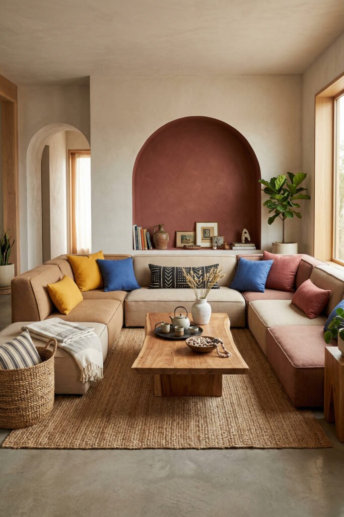 Modular sectional around a deep terracotta arch niche, with blue and ochre pillows, jute rug, and low wood table in a bold Nubian Style living room.
