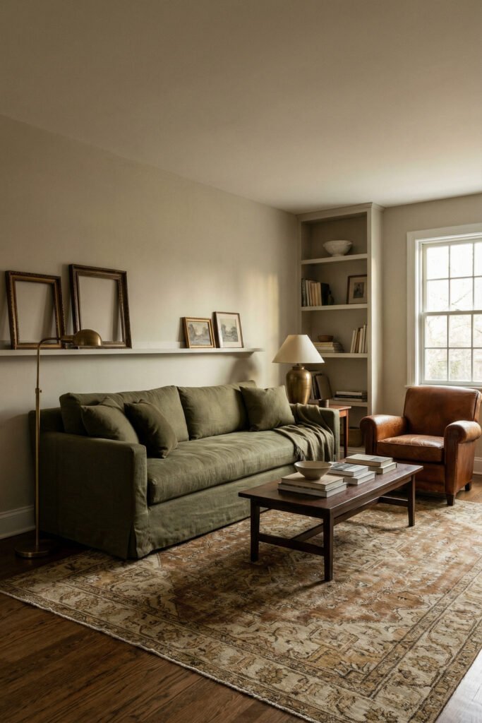 Olive Green Decor Ideas For A Layered Living Room 25 Olive sofa with a tan leather armchair, brass floor lamp, vintage rug, and built-ins in a warm collected living room.