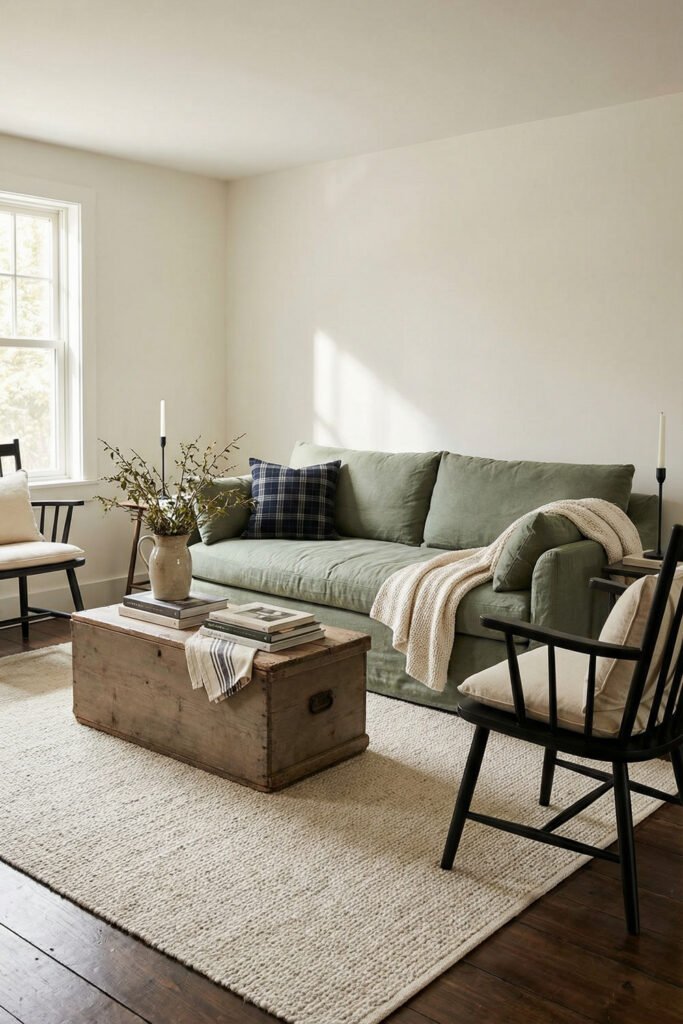 Sage Green And Black Living Room Ideas for a Layered Look 21 Relaxed living room with a sage sofa, black spindle chairs, rustic wood trunk coffee table, cream rug, and simple neutral walls.