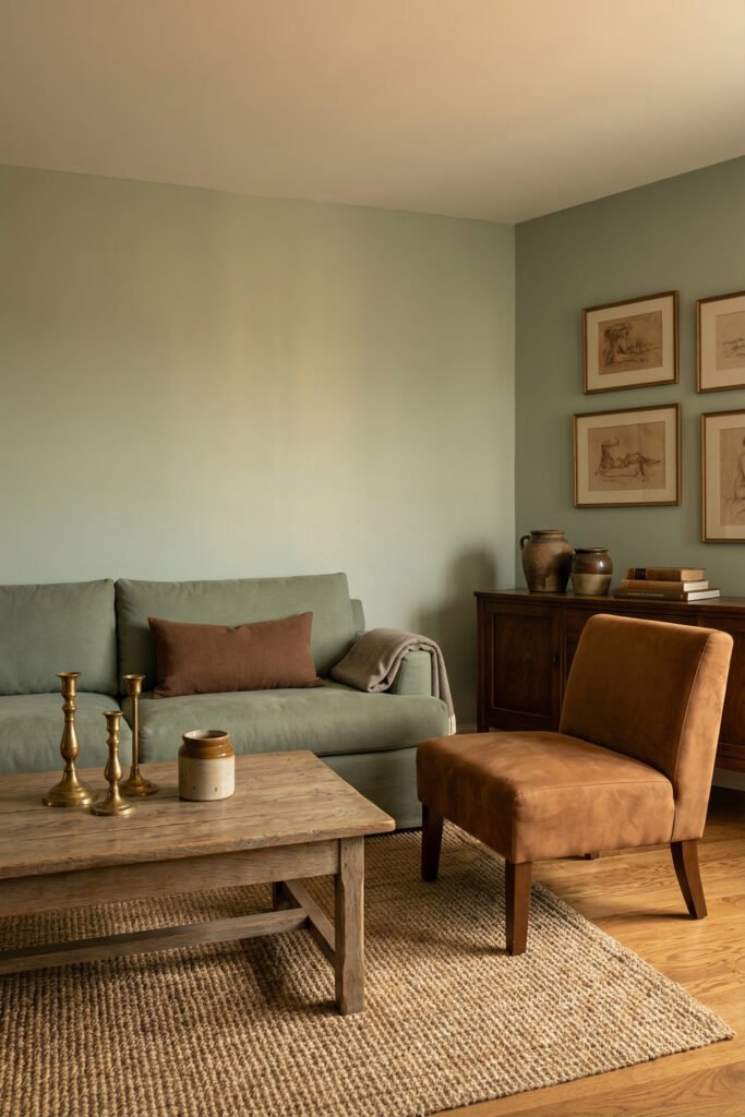 Sage Green Lounge Ideas for a Calm, Collected Living Room 27 Warm living room with sage sofa, tan leather chair, rustic wood coffee table, brass candlesticks, and textured natural rug.