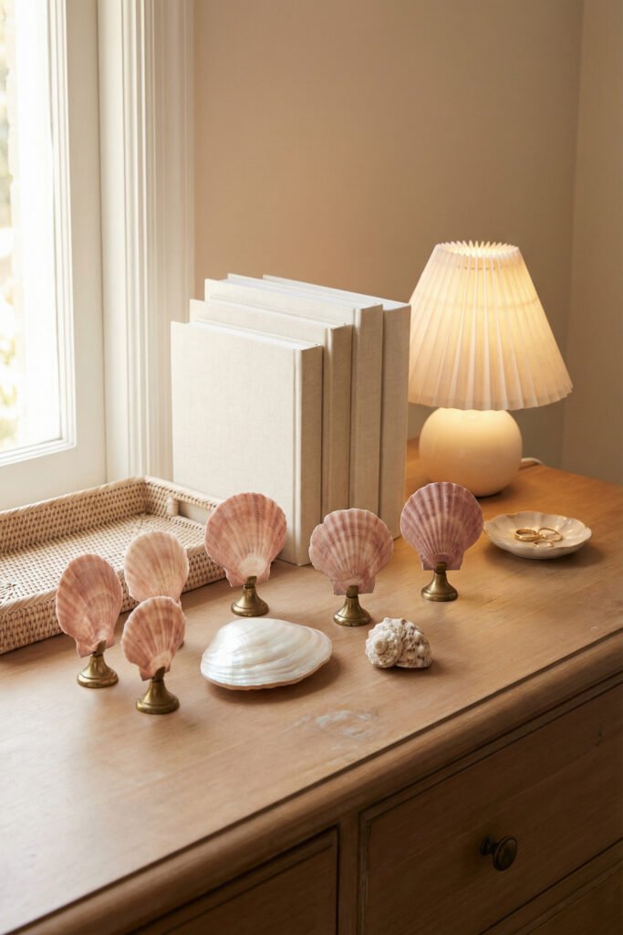 Pink scallop shells displayed upright on small brass stands across a dresser with books and lamp for a playful, collected seashell display.
