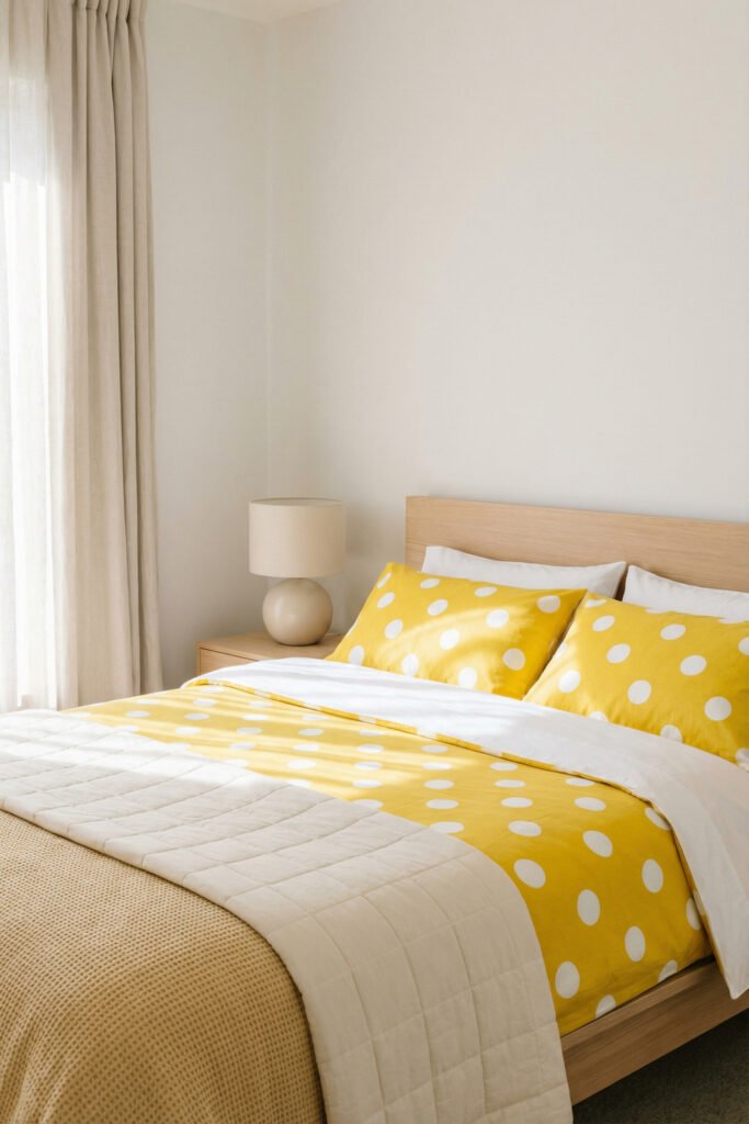 Spring Bedding Ideas for a Lighter, Fresher Bedroom 18 Yellow polka dot bedding with white layers and a beige quilt brings bold, cheerful spring bedding energy to a neutral room.
