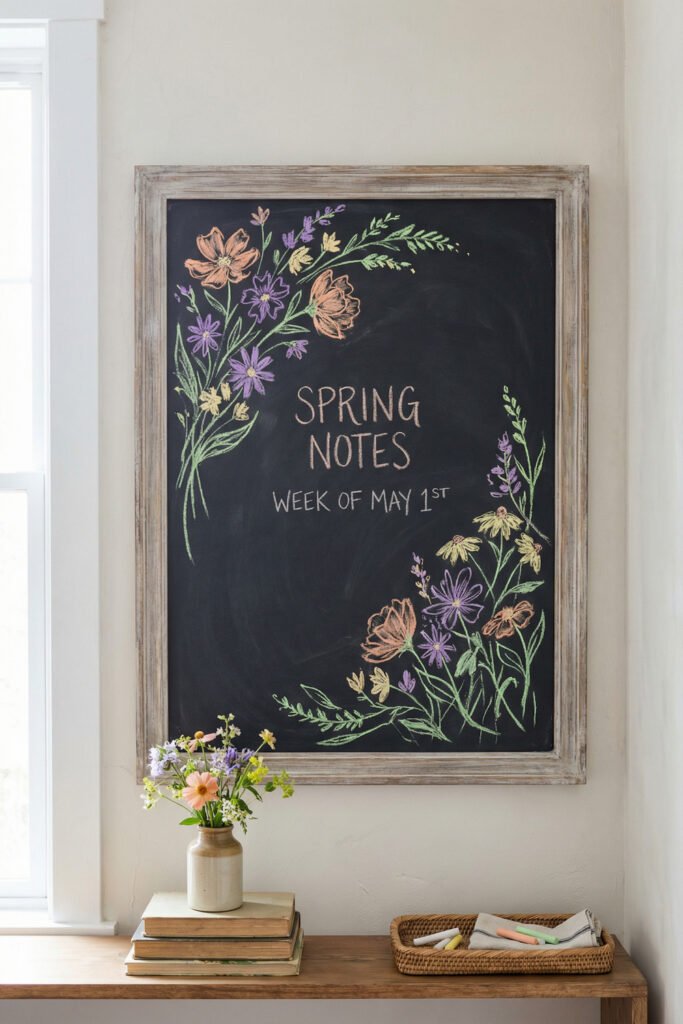 Spring Chalkboard Ideas That Feel Fresh and Easy to Style 17 Large framed chalkboard with floral corners and “Spring Notes Week of May 1st” above a console with books, vase, basket tray, and chalk sticks.