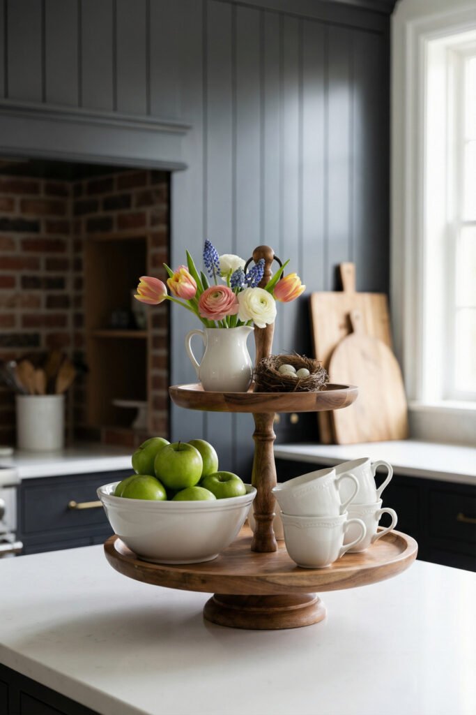 Dark moody kitchen island with a wooden two-tier tray holding green apples, stacked cups, a small spring bouquet, and a nest with eggs
