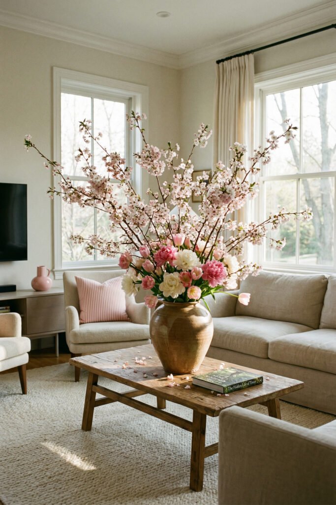 Large cherry blossom and peony arrangement on a rustic coffee table in a bright neutral living room with soft pink accents and spring living room décor.
