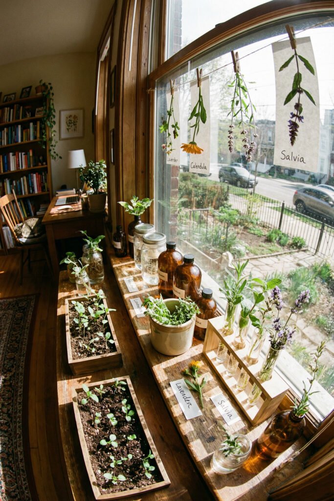 Spring Window Display Ideas For A Light-Filled Season 14 Herb-inspired spring window display with seedlings, amber bottles, hanging botanical cuttings, and propagation vases along a sunny wooden windowsill.