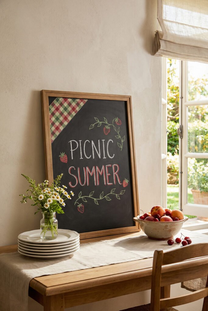 Summer Chalkboard Ideas That Brighten Every Corner 23 Framed chalkboard reading Picnic Summer with strawberries and gingham detail on a dining table beside flowers and fruit.