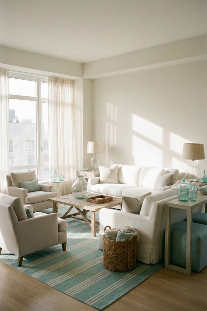 Summer Décor Ideas for an Airy, Collected Home 17 Bright white living room with aqua striped rug, slipcovered seating, pale wood table, and sea-glass accents in airy summer decor.