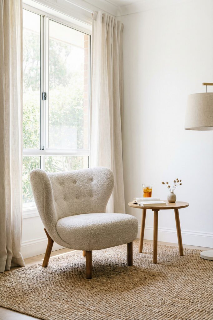 Neutral reading nook with a boucle chair, round wood side table, iced tea, and linen curtains for a calm summer living room corner.
