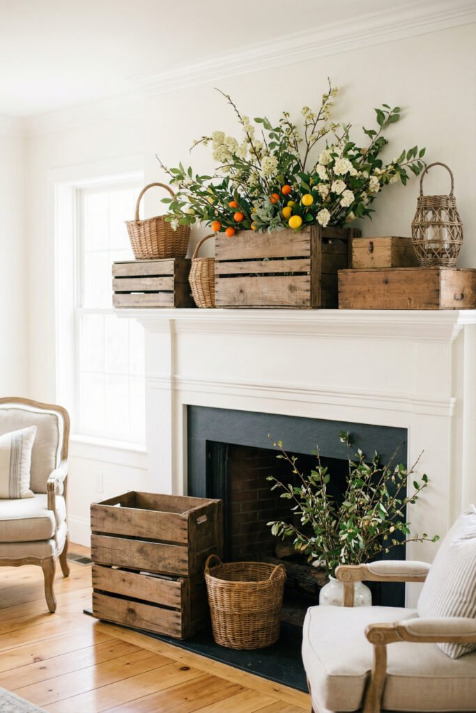 White mantel topped with rustic wood crates, baskets, citrus stems, and lantern accents for farmhouse-inspired summer mantle décor.
