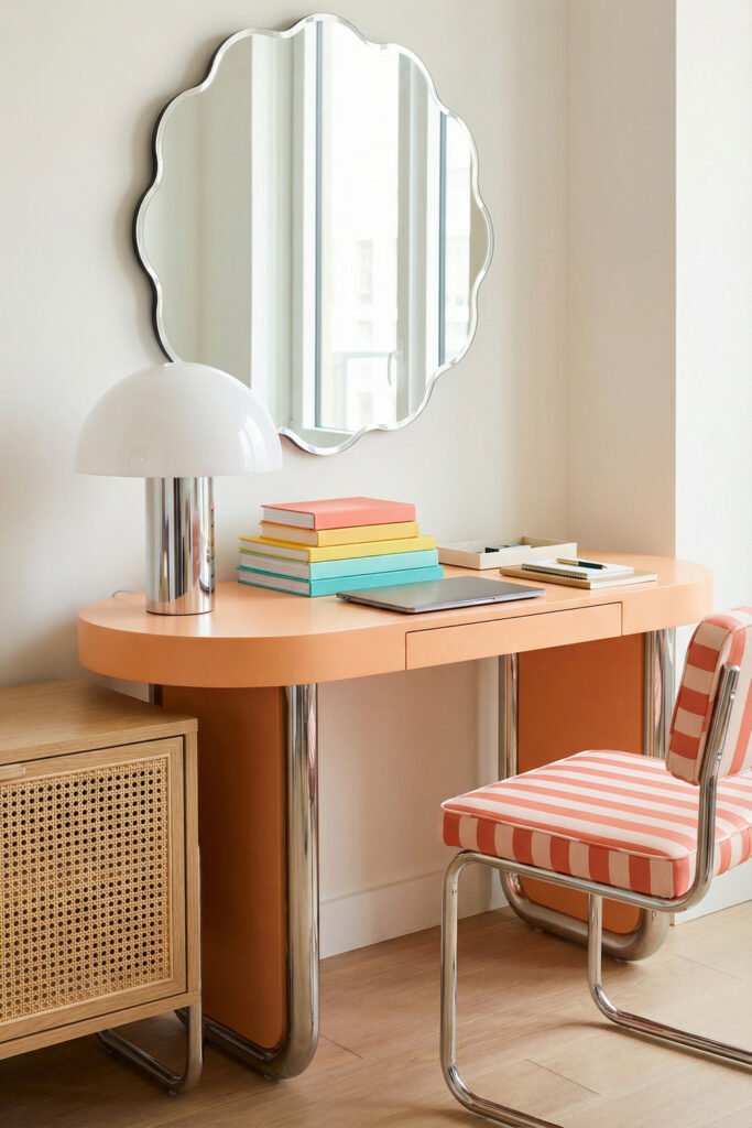 Peach desk with chrome legs, striped coral chair, scalloped mirror, and chrome lamp for playful Summer Office Decor.
