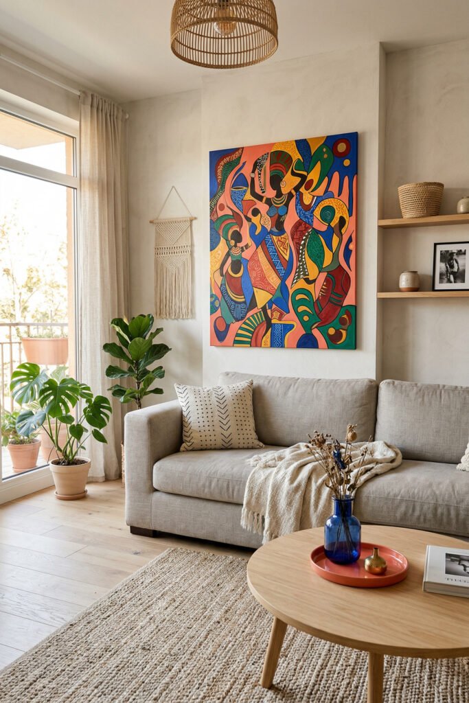 Neutral living room with a colorful abstract Afro Art canvas above a beige sofa, balcony light, woven rug, plants, and soft boho textures
