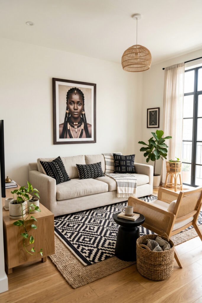Neutral living room with cream sofa, black patterned pillows, portrait art, woven pendant, cane chair, and bold geometric rug in Afro Boho Decor style.
