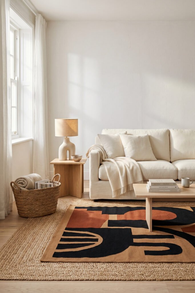Cream sofa and pale wood table layered over jute with a bold abstract rug in rust, tan, and black for a modern Afro Boho living room.
