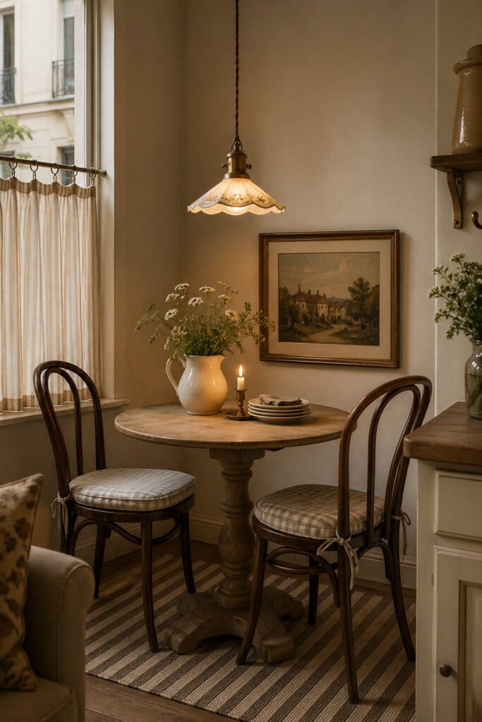 European-style dining nook with round table, café curtain, pendant lamp, candle, flowers, and apartment vibes decor ideas
