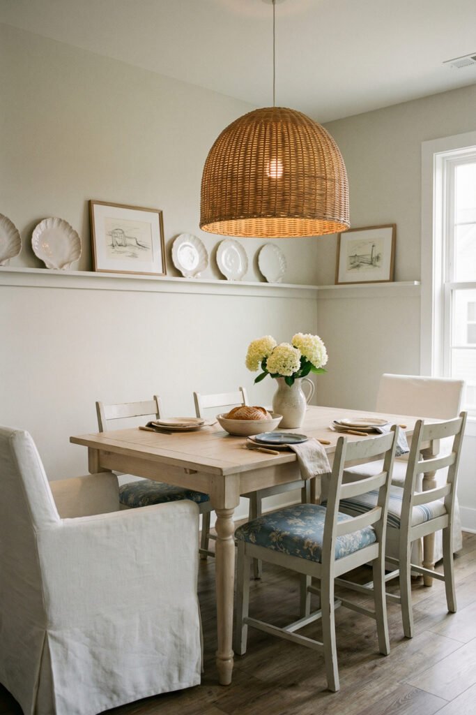 Beach Cottage Decor That Feels Fresh for Summer 19 Neutral dining room with wicker pendant, white slipcovered chairs, blue floral cushions, and coastal art shelf in beach cottage decor.